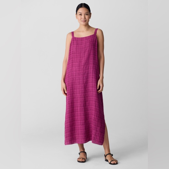 NWT EILEEN FISHER Puckered Organic Linen Plaid Square Neck Dress in Sangria - Picture 1 of 9